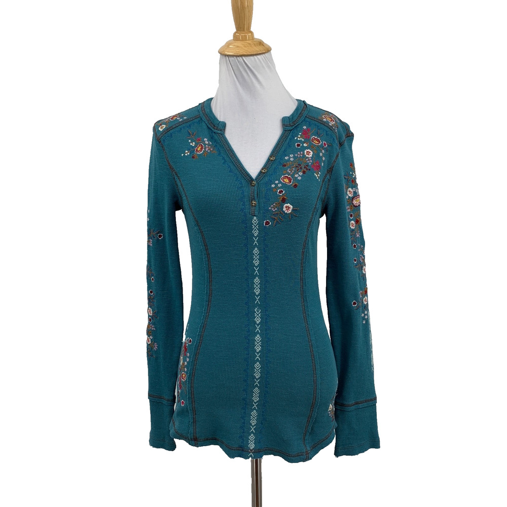 Sundance Top Womens XS Everglade Fayette Floral Henley Embroidered Long Sleeve - Picture 1 of 11